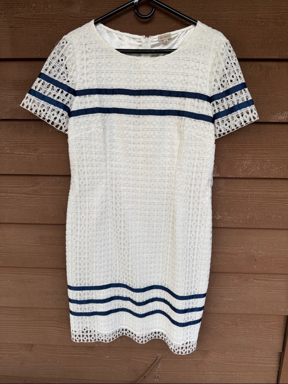 Daniel Cremieux White Lace Mini Dress with Navy Trim